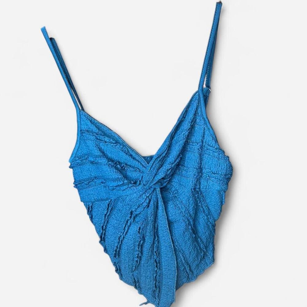 Textured Crinkle Cami Crop Top Dark Turquoise Ruffle Twist Handkerchief Hem S